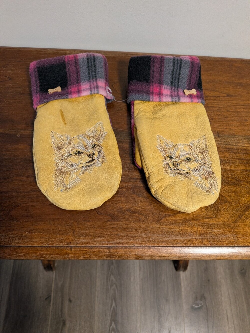 Yellow Leather Dog Graphic Mittens with Pink Plaid Cuff. Fleece Inside. Leather